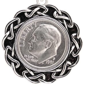 1991 US Dime Coin Pendant – Roosevelt and 1991 Date in Celtic-Style Mount